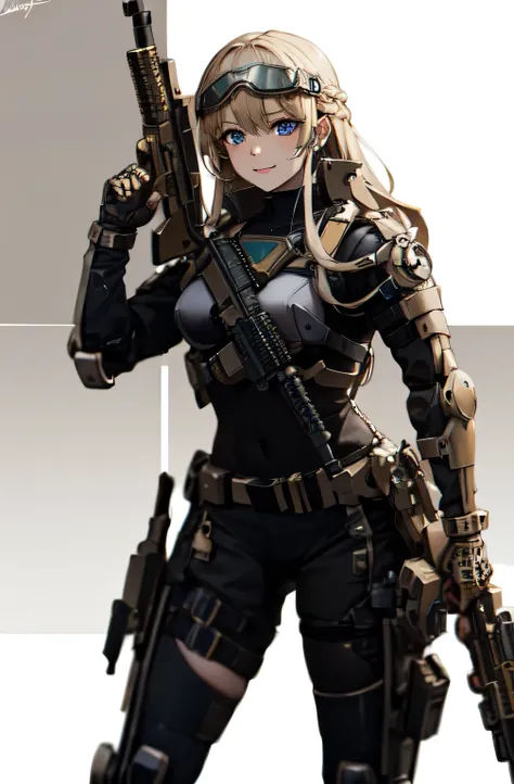 ruanyi0300, armor, belt, gloves, mecha, robot, goggles, holding weapon, m4 carbine, assault rifle, holding gun,, absurdres, ultr...