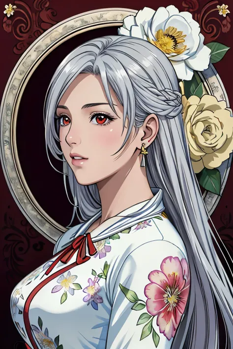 (masterpiece, top-quality, top-quality, Official art, Beautifully Aesthetic:1.2), red eyes, (highest quality, masterpiece painting:1.3), immature woman, 16 years old, (half body shot), masterpiece, ultra high resolution, (((Flower frame, A lot of flowers ...