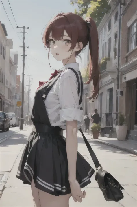 1 girl, Redhead, Twin tails,Long Hair、 Facial hair stripes, Red eyes, Impact, Schoolyard, , Recall, court, masterpiece, highest quality, Very detailed、
