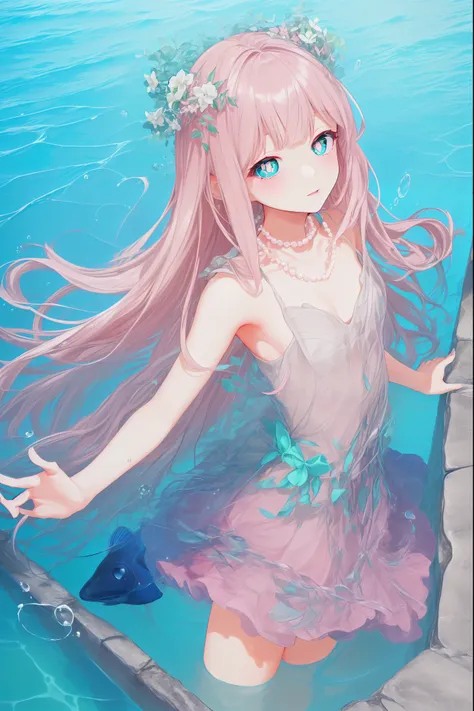 (((pearl pink hair,emerald pupils))),((beautiful and detailed)),(blushing), (geometric:1.1),(((under the water,in the ocean,bubbles,fish))), ((1girl,amazing,adorable girl,solo,arms down)),(Masterpiece,Best quality, offcial art,fractal art, Beautiful and ae...