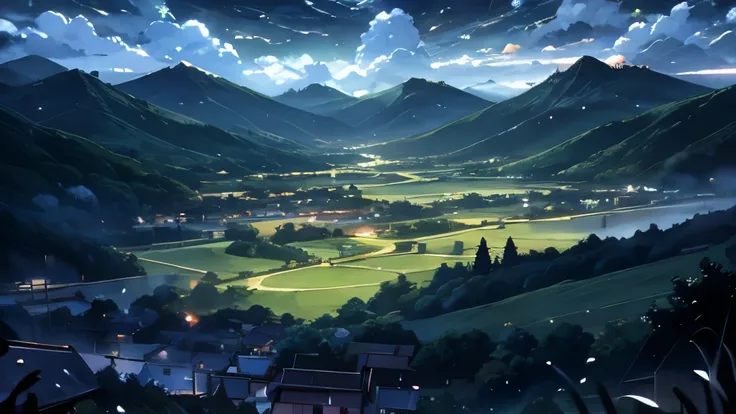 anime style，evening，heavy rain falling，mountain々，surrounded by clouds，green fields and forests，beautiful sky，beautiful views