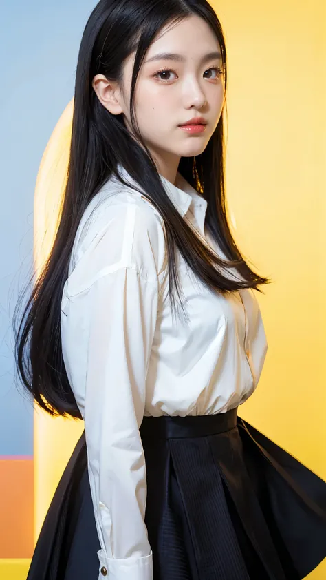 Beautiful Japan woman, nice perfect face with soft skin, small face with nose and rose-like lips, beautiful eyes, beautiful smile. Black, thin and long beautiful hair bathed in a bright etheric shine. Gradient highlight greige layer loose fluffy medium hai...