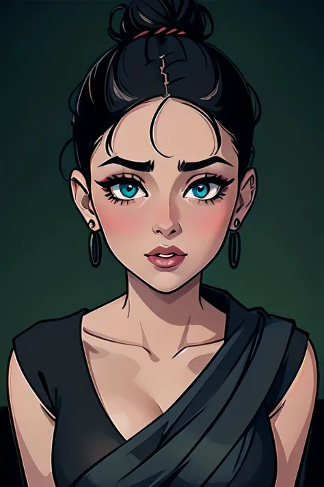 Amazing portrait of a sexy woman with a beautiful face emphasized by amazing makeup and beautifully detailed eyes with perfect lips wearing her black hair in a messy bun blushing intensely as shes flustered and lustful wearing some elegant earrings and a ...