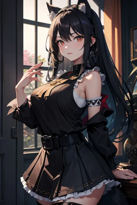 Fullbody of a 20-year-old chubby wolfwoman, gracefully posed in a pleasing skirt and sleeveless top, showcasing her captivating features. Dark, alluring eyes gaze out from beneath a light and transparent veil that exudes charm and seduction. This stunning ...