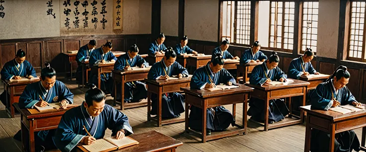 a lot of good-looking men with (long pigtail hair) are in a very small room\(jiangnan examination hall\) with only desks and tak...