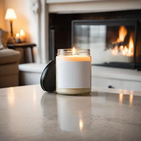 Mockup empty, a blank small beige candle in a jar with white label and black lid standing on table in cosy living room with snowy winter outside, and fireplace in the background, sony a7 camera, 50mm lens, shallow depth of field macro photography