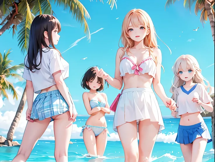 Four sisters with big breasts wearing cute underwear and cute bras、Cute underwear visible when light blue skirt is lifted、A bra clinging to a plain, soaked white T-shirt、Soaking wet T-shirt、White and light blue checked bra、White underwear with cute ribbon、...