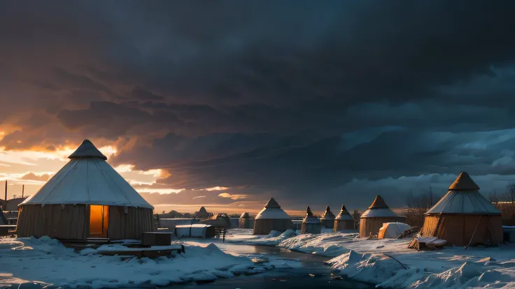 Dramatic lighting, chiaroscuro, post-apocalyptic, view from ground level, tundra, ten yurts beside along a river, ruined city on the far bank, icicles, deep snow, ice, stormy sky
