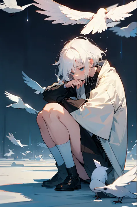 A man with white hair, lonely, hugging his knees, sad, in the middle of a flock of white birds, lonely.