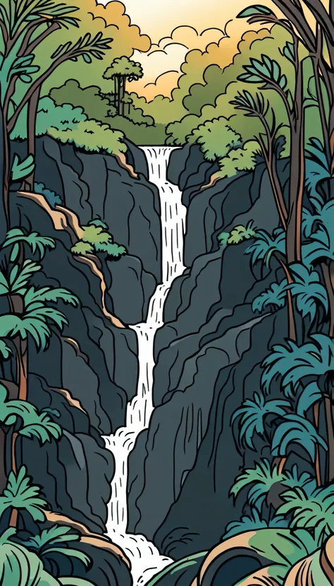 /Imagine Prompt: Waterfall illustration for banner on white background, bold outline style, irregular, Trashcore, light shading