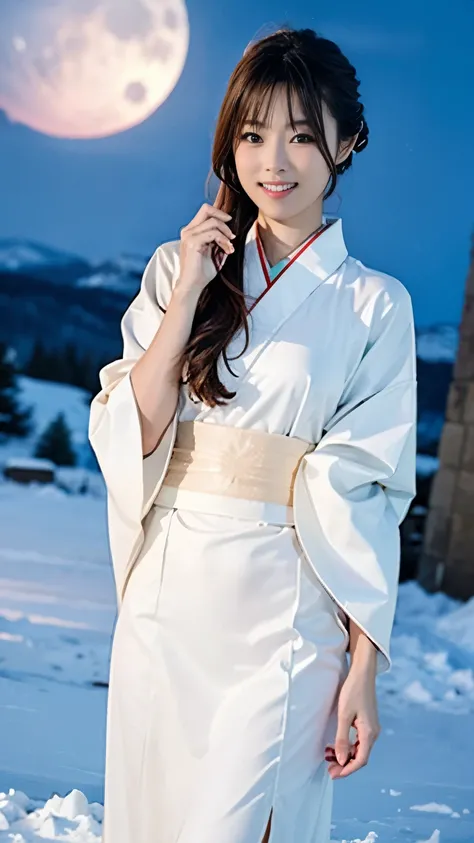 A beautiful Yuki-onna in a pure white kimono stands on a snowy mountain path at night,(((Under the moonlight of a snowstorm, A snow woman in a white kimono stares at me and touches me.))),Full body shot from the front,Strong blue contrast,Professional ceil...