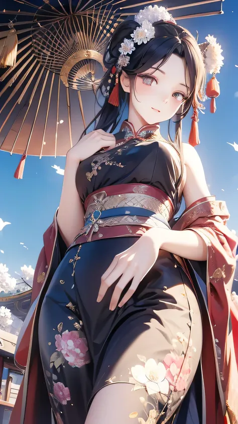 ((best quality)), ((masterpiece)), (detailed face and eyes), perfect face, accurate, textured skin, high details, highres, Yang Guifei, traditional Chinese costume, royalty, empress, luxury, black hair, topknot, cowboy shot, (from below), Hydrangea flower