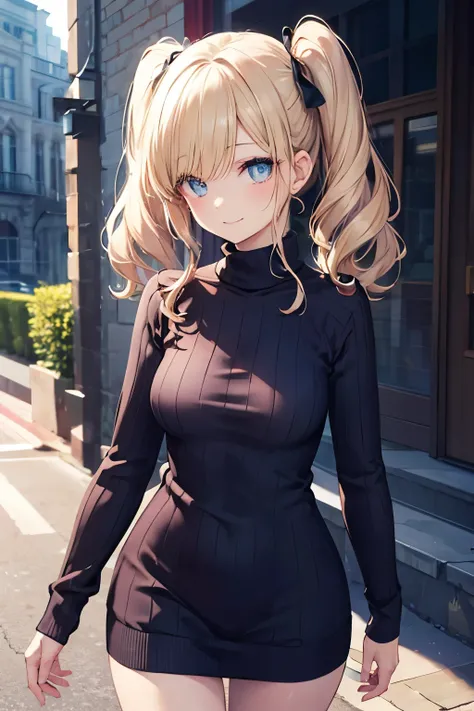 ((super masterpiece))、blonde、blue eyes、girl、Small breasts、Twin tails、girl、Small breasts、Lolita、Bright smile、Looks about 15 years old、Petan Musume、short、目のhighlight、Sexy thighs、Walking Outside、blue sky、(No sleeve, Perfect fit, High neck ribbed sweater dress...