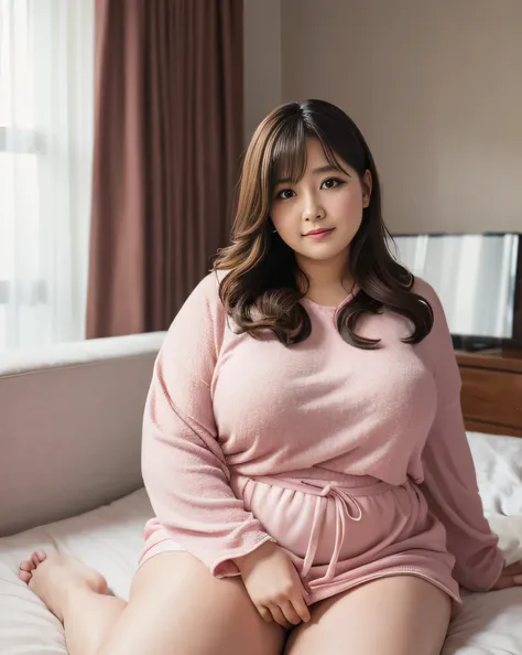 ((8K, highest quality, 超High resolution)), (Surreal)、(High resolution), 1 female, Overweight, Extremely fat, Chubby, pink pajamas, mini skirt, on the bed, Japanese