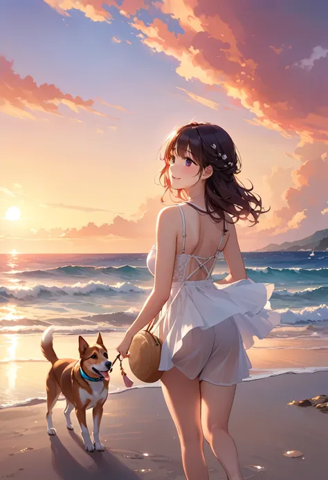 highest quality、High resolution、Detailed Background、(Detailed eyes:1.2)、Teenage beauty、(Highly detailed face:1.4)、(Huge breasts:1.1)、Cute hair color、Cute hairstyle、
At dusk、A young girl is seen taking a walk with her dog, who plays on the beach.。Looking up...