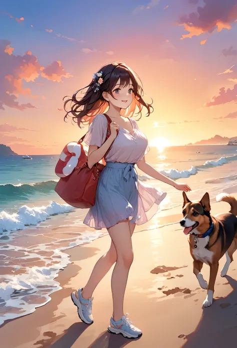 highest quality、High resolution、Detailed Background、(Detailed eyes:1.2)、Teenage beauty、(Highly detailed face:1.4)、(Huge breasts:1.1)、Cute hair color、Cute hairstyle、
At dusk、A young girl is seen taking a walk with her dog, who plays on the beach.。Looking up...