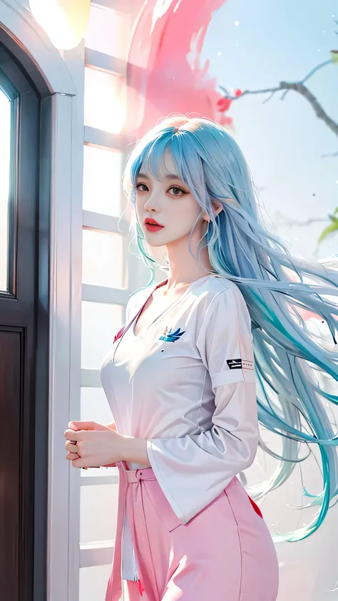 (Masterpiece, Best Quality, High Resolution), White Background, Acrylic Paint, ((Color Splash, Splash of Ink, Color Splash)), Sweet Chinese Girl, Long Light Blue Hair, [Light Blue|Pink] Hair, Curly Hair, Glitter, Peach Lips, White Shirt, Front, Full Body