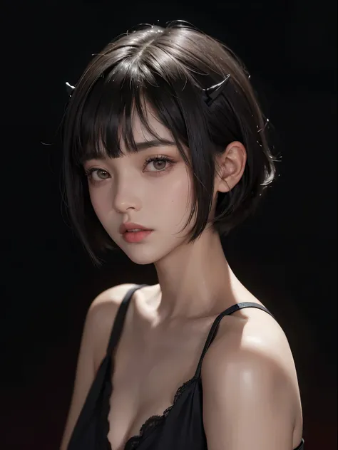 a 15 yo girl , short bob hair with bangs, black hair, 1 horn on left front fore head, dark theme, soothing tones, muted colors, high contrast, looking to the left, (natural skin texture, hyperrealism, soft light, sharp),red background, lost spirit backgrou...