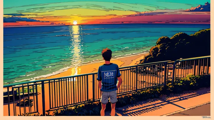 Studio Ghibli Style HMC, Beach sunset bike view,Blues, One boy,landscape,Beautiful sunset,