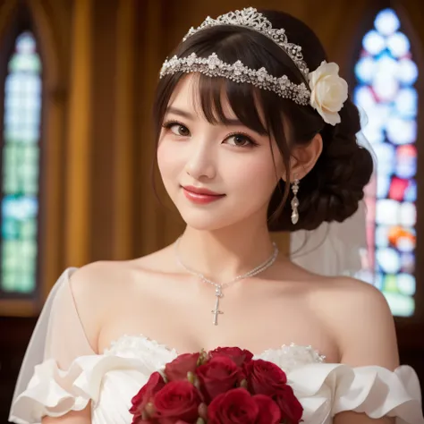 (kawaii face), (flat chest:1.2), happy smile, makeup, (Beautiful frills and lace cute wedding dress, bare shoulders:1.3), (tiaras, necklaces, earrings), Ultra High Definition, Superior Quality, Premier Quality, ultra detailed, Photorealistic, 8k, RAW Photo...