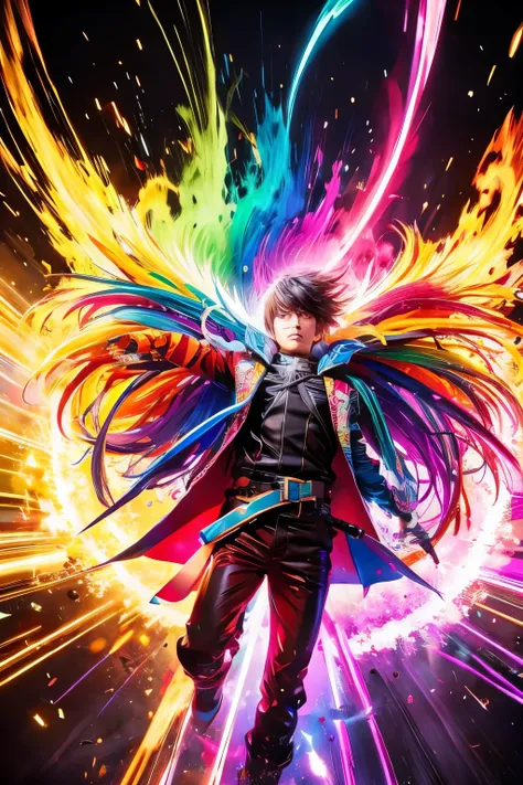 He has a rainbow sword, No Cyril Rowlands style, Captured light effects, Very colorful expression, Tatsuyuki Tanaka,, In colorful explosion style, Rainbow Core, Vibrant Energy, whole body, Flawed, everyone,, In colorful explosion style, Light leakage, Psyc...