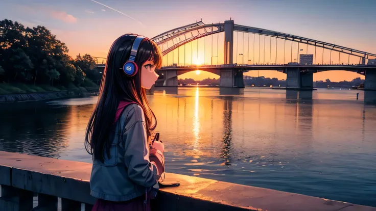 Futurisric girl using headphone watching sunset in front of river near the bridge