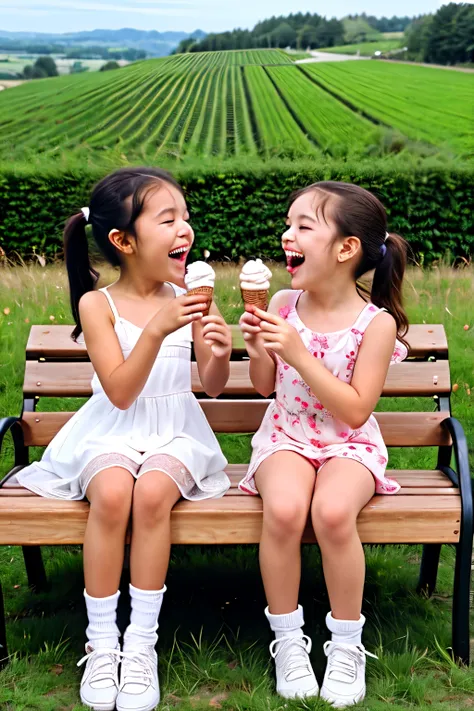 two little girls sitting on a bench wearing  eating ice cream laughing looking at eachother ; near the green fields ; animated