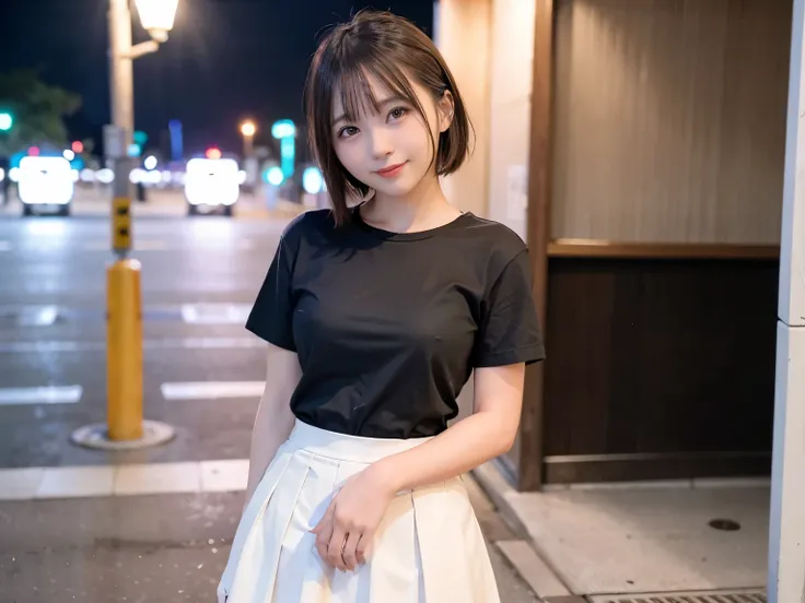 1 girl, tokyo street, night, cityscape, city lights, short-sleeved t-shirt,pleated skirt, smile, (8k, raw photos, highest qualit...