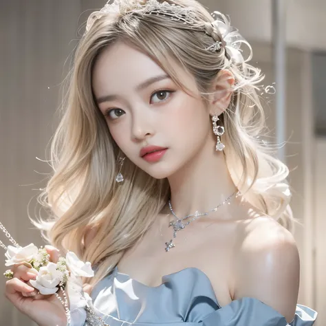 8K)、(Best image quality:1.5)、gray background、face close up、1girl、masterpiece、Delicate and sharp eyes、brown eyes、power of eyes、delicate face、cup、attractive face、platinum blonde hair、Half length wave、ライトblue wedding dress、blue wedding dress、I can see your co...