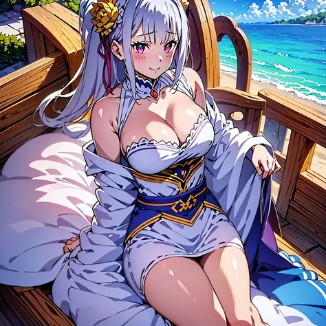 anime, masterpiece, high quality, highly detailed, sharp focus, beautiful background, cleavage, ((best quality)), ((masterpiece)), (detailed), (solo:1.4), 4k upscale, royalty, cute smile, luxury, anime blushing face, (one Girl:1.5), ((1girl)), highest qual...