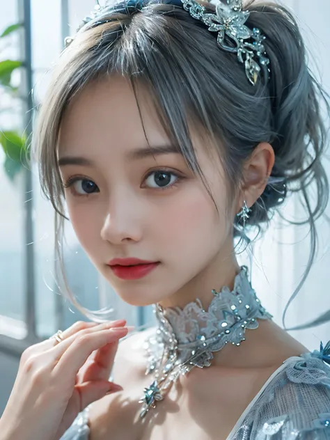 ４K、she is a wind fairy、Angel wings on the back、blue eyes、Dress that exposes the collarbone、blue sky background、face close up、gray hair、big feather、blue and white background、platinum decoration、platinum earrings、platinum necklace、platinum silver hair、platin...