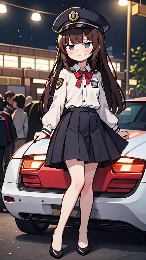 masterpiece, {highest quality], [Super beautiful], [Ultra fine], [Best illustration],Brown Hair, Hime cut, Long Hair, With bangs, girl, Uniform cap,Security uniform, Angry face, blush, Slender women, Straight Skirt, Standing posture, （Public）Night Park, di...