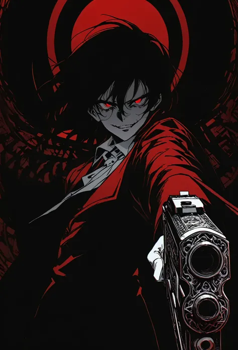 alucard from "hellsing" in close-up, in high quality.  fisheye effect, focusing the image on the barrels of their distinctive en...