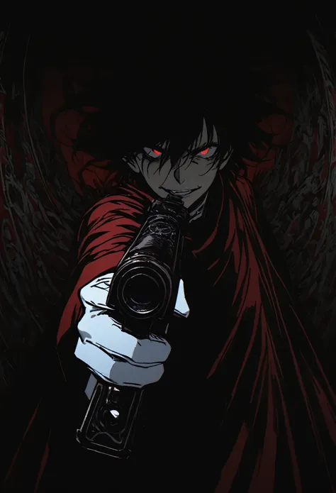 alucard from "hellsing" in close-up, in high quality.  fisheye effect, focusing the image on the barrels of their distinctive en...