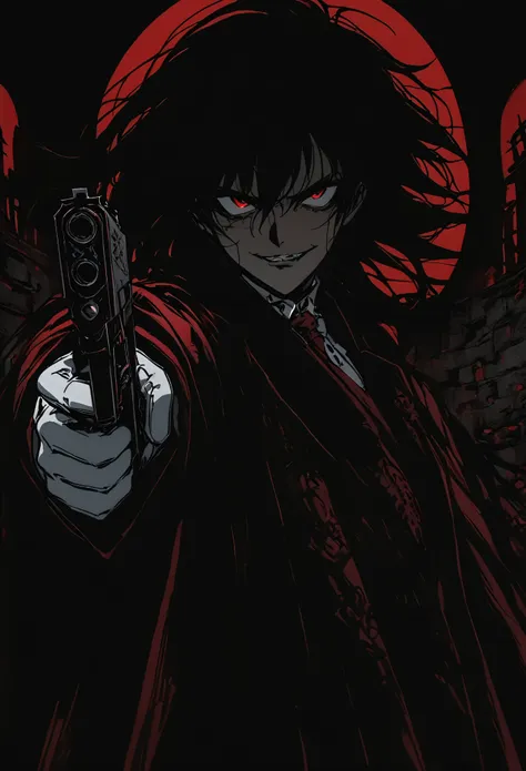 alucard from "hellsing" in close-up, in high quality.  fisheye effect, focusing the image on the barrels of their distinctive en...