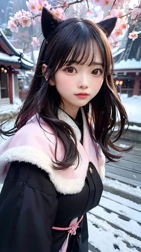 (best quality, masterpiece),(1girl, miko, coat, expression face, black eyes, looking at front ,black hair, walking, upper body), (night strray sky, huge old tree behind, falling glowing pink petals behind, shrine behind, mountain background, blowing wind, ...