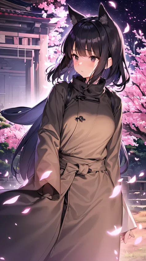 (best quality, masterpiece),(1girl, miko, coat, expression face, black eyes, looking at front ,black hair, walking, upper body), (night strray sky, huge old tree behind, falling glowing pink petals behind, shrine behind, mountain background, blowing wind, ...