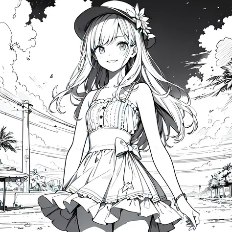 Line art background, background, Monochrome, Line art, ((sketch)),Highest , 2. Colorinochrome、 quality,masterpiece,monochrome,Lineart,single color,Create a detailed coloring page,（masterpiece）、(highest quality)、smile、shaved ice、summer、Cool dress