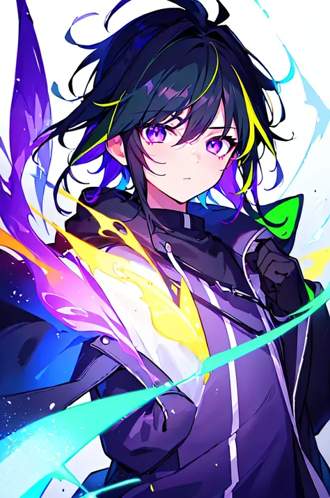 [(WHITE BACKGROUND:1.5),::5], ((((masterpiece)))), high quality, ultra very high resolution, full color, (((solo))), ((little boy)), black hair, ((green streaked hair)), purple eyes, anime, ((upper body)), neon light, black parka, (purple flame effect:1.2)