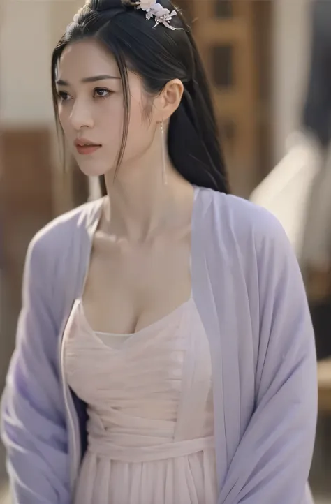 a beautiful woman，alone，full breasts，wearing a lavender silk dress