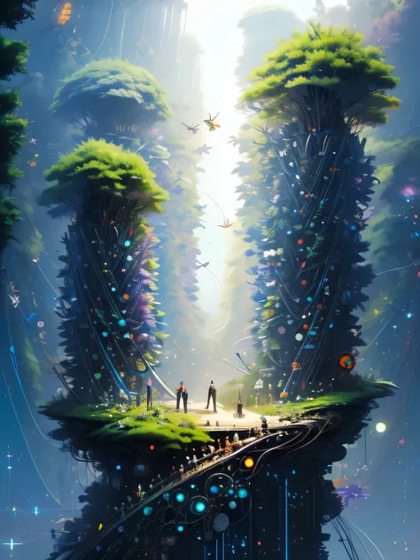 artistic and creative utopian world where humans living in harmony and peace with flora and fauna, Artificial Intelligence and the Singularity Imagination, Intricate and detailed, maximalist, Perfect flow of energy, Futuristic, utopian, Very detailed, futu...