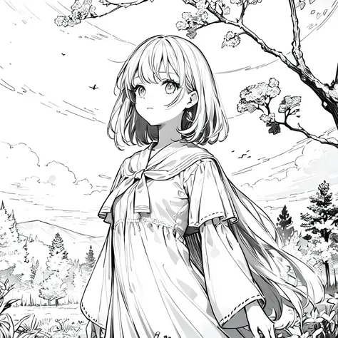 Line art background, background, Monochrome, Line art, ((sketch)),Highest , 2. Colorinochrome、 quality,masterpiece,monochrome,Lineart,single color,Create a detailed coloring page,（masterpiece）、(highest quality)、Forest bathing、One Girl、grassland、Looking up ...