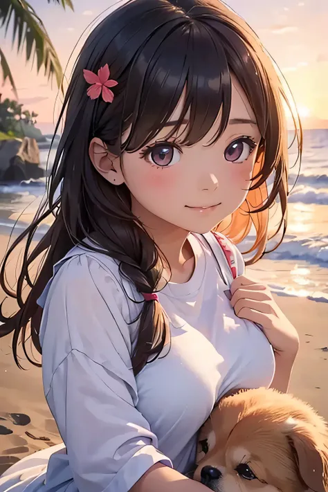 highest quality、High resolution、Detailed Background、(Detailed eyes:1.2)、Teenage beauty、(Highly detailed face:1.4)、(Huge breasts:1.1)、Cute hair color、Cute hairstyle、
At dusk、A young girl is seen taking a walk with her dog, who plays on the beach.。Looking up...