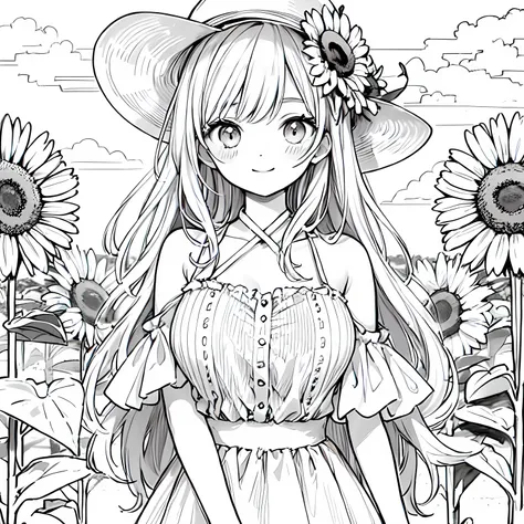 monochrome lineart sunflower hair ornament、monochrome lineart sunflower field、line art background, background, monochrome, line ...