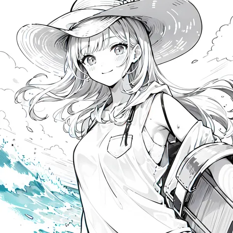 Line art background, background, Monochrome, Line art, ((sketch)),Highest , 2. Colorinochrome、 quality,masterpiece,monochrome,Lineart,single color,Create a detailed coloring page,（masterpiece）、(highest quality)、One Girl、smile、Enjoying surfing、surfboard、Wet...