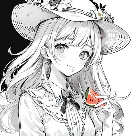 Line art background, background, Monochrome, Line art, ((sketch)),Highest , 2. Colorinochrome、 quality,masterpiece,monochrome,Lineart,single color,Create a detailed coloring page,（masterpiece）、(highest quality)、One Girl、smile、Eating watermelon