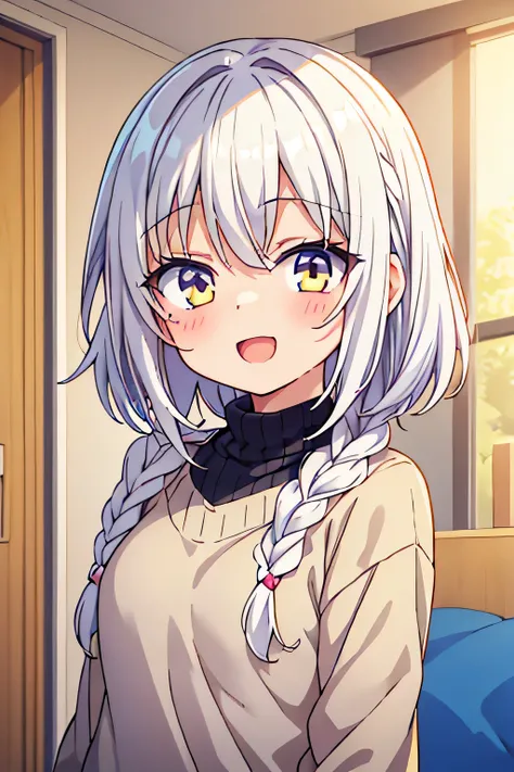 lolli, cute anime toddlers, white hair, golden eyes, girl with golden eyes, short hair, braided hair on the right side, messy hair, blushing, smile, open mouth, only wearing black sweater, wink eyes, in bedroom, affectionate face
