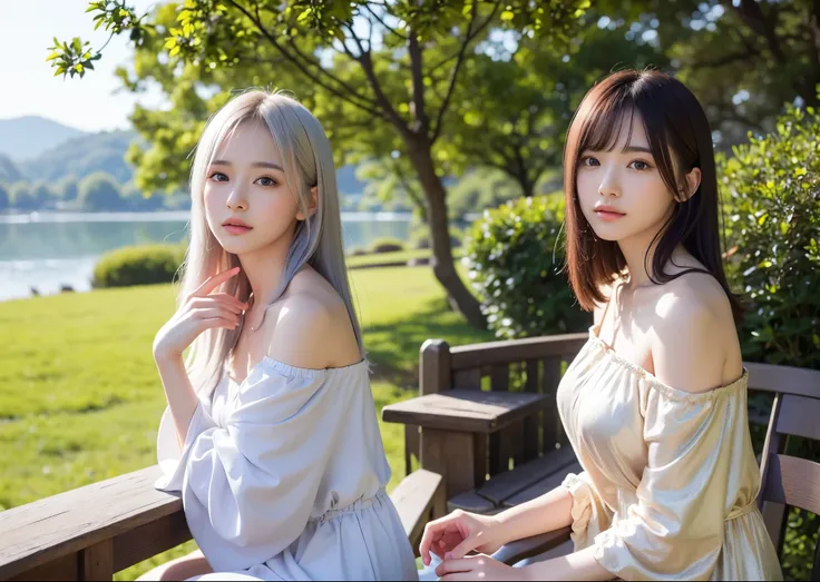 （1 pretty woman、White skin、Silver-gold hair with bangs、Big anime-like eyes）、off shoulder long dress、（The mirror-like lakeside:1.5）、The balance between people and scenery、Calm atmosphere、Look straight here、The morning sun shines from behind、Perfect lighting...