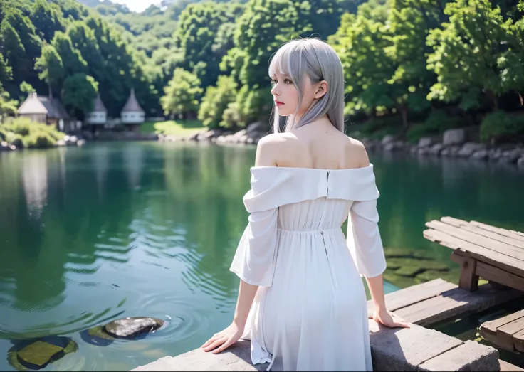 （1 pretty woman、White skin、Silver-gold hair with bangs、Big anime-like eyes）、off shoulder long dress、（The mirror-like lakeside:1.5）、The balance between people and scenery、Calm atmosphere、Look straight here、The morning sun shines from behind、Perfect lighting...