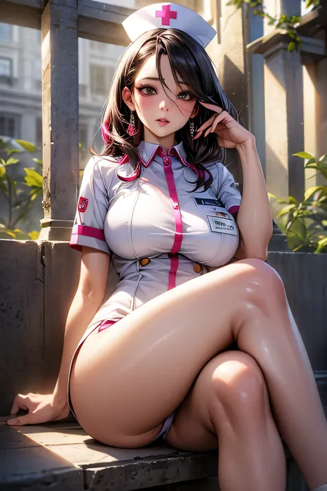 ((40 years old, Bitch)), ((Sexy shiny nurse uniform)), masterpiece, (From below), ((Big Breasts)), (Sit with your legs apart and knees raised)、See-through yellow panties、with those feet、(Big Hips), (Sexy pose), (very tanned and shiny skin),  (Skin dents), ...